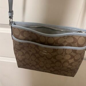 Coach Signature Crossbody Bag in Brown with Light Blue Trim